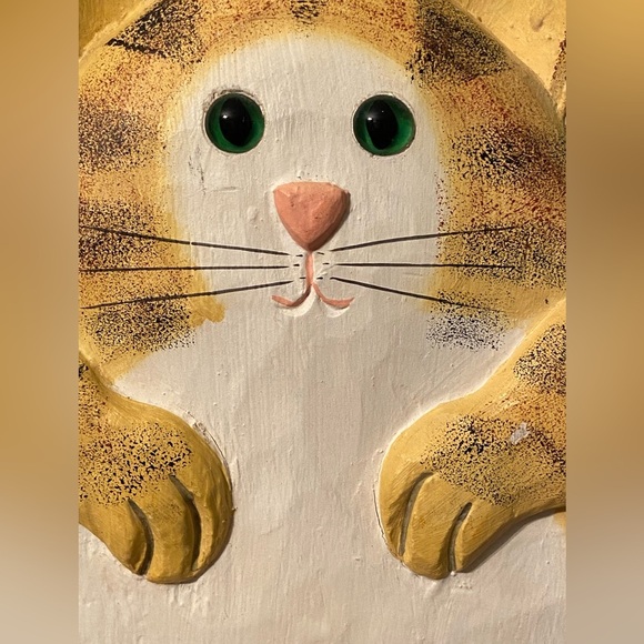 Adorable Chubby Orange Fat Cat Wood Carved Figure with Glass Eyes - Picture 2 of 9